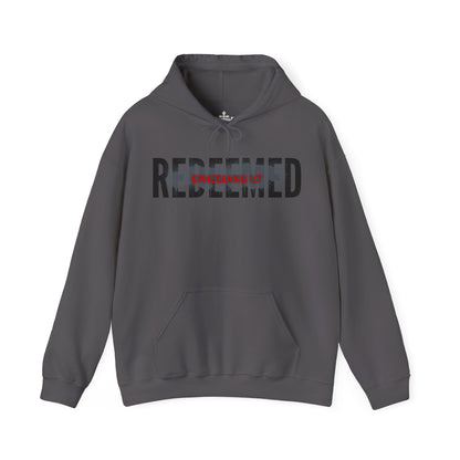 Gray Redeemed Ephesians 1:7 sweatshirt with front pocket and hood for comfortable wear
