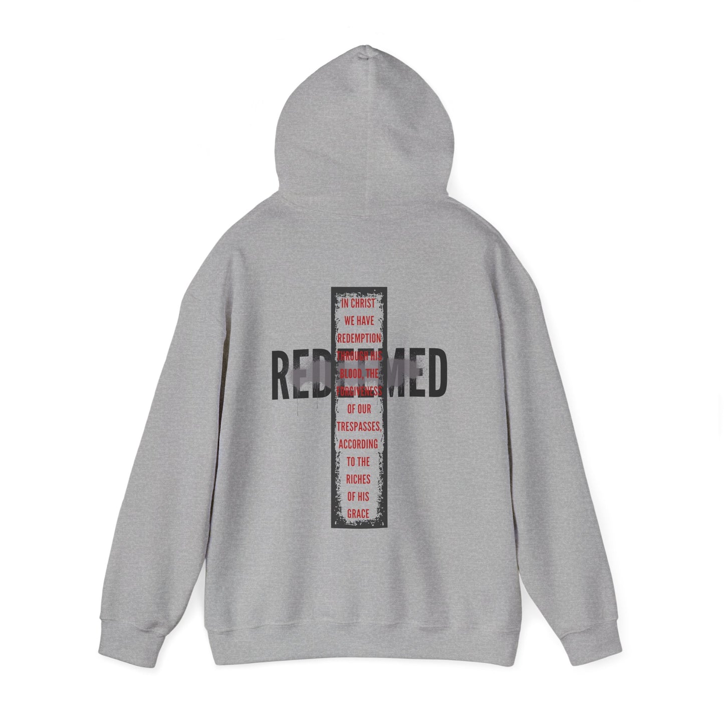 Grey Redeemed Ephesians 1:7 sweatshirt with bold lettering and a stylish hood design