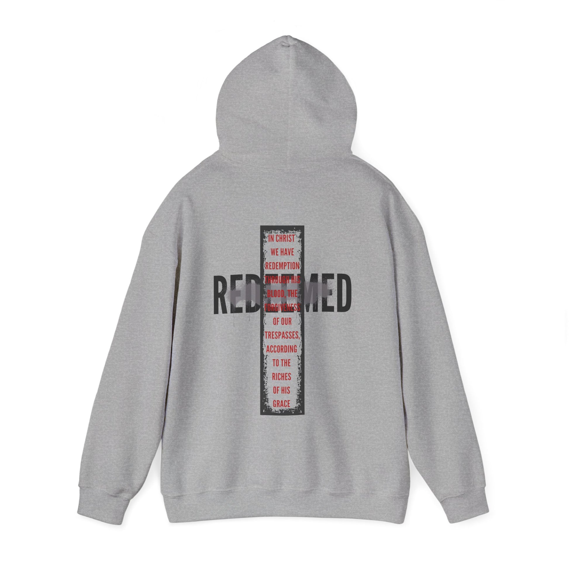 Grey Redeemed Ephesians 1:7 sweatshirt with bold lettering and a stylish hood design