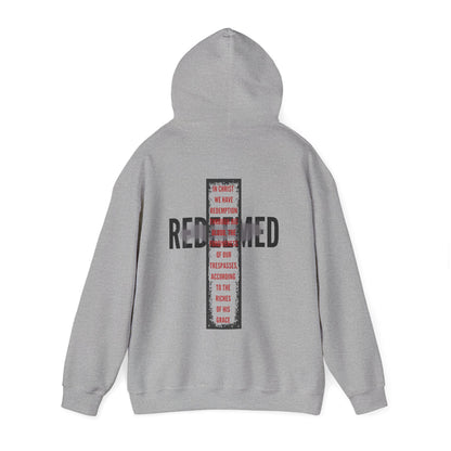 Grey Redeemed Ephesians 1:7 sweatshirt with bold lettering and a stylish hood design