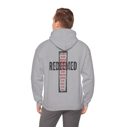Gray hoodie featuring 'Redeemed Ephesians 1:7 sweatshirt' design on the back for stylish comfort.