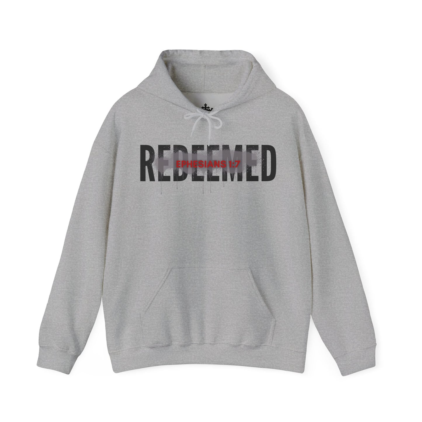 Gray hoodie featuring 'Redeemed Ephesians 1:7 sweatshirt' text for a stylish look
