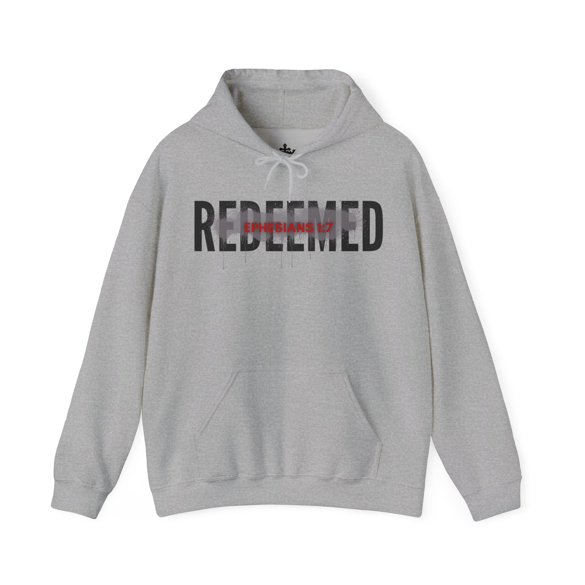 Gray hoodie featuring 'Redeemed Ephesians 1:7 sweatshirt' text for a stylish look