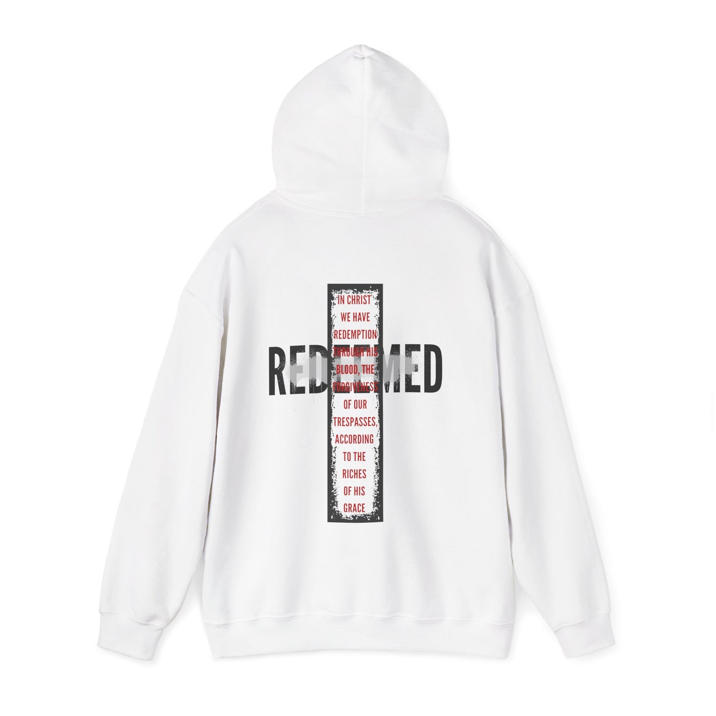 Back view of a white Redeemed Ephesians 1:7 sweatshirt featuring bold text design