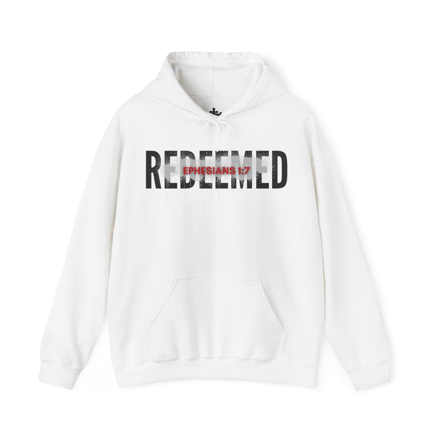 White hoodie featuring 'Redeemed Ephesians 1:7 sweatshirt' design for casual wear