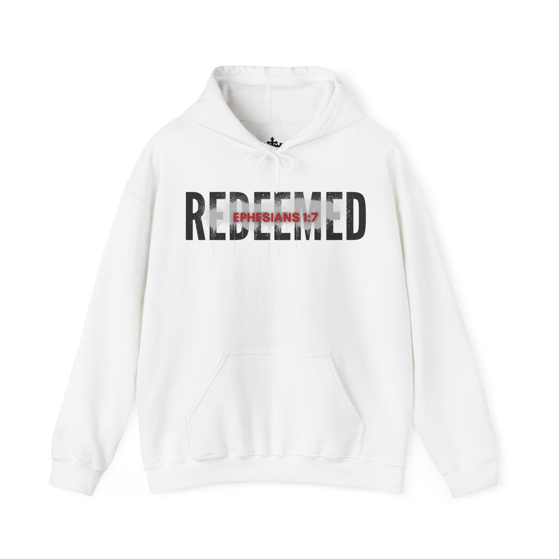 White hoodie featuring 'Redeemed Ephesians 1:7 sweatshirt' design for casual wear