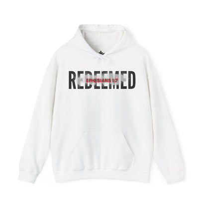 White hoodie featuring 'Redeemed Ephesians 1:7 sweatshirt' design for casual wear