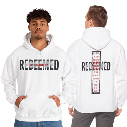 Redeemed Ephesians 1:7 sweatshirt with bold lettering on front and back for stylish comfort