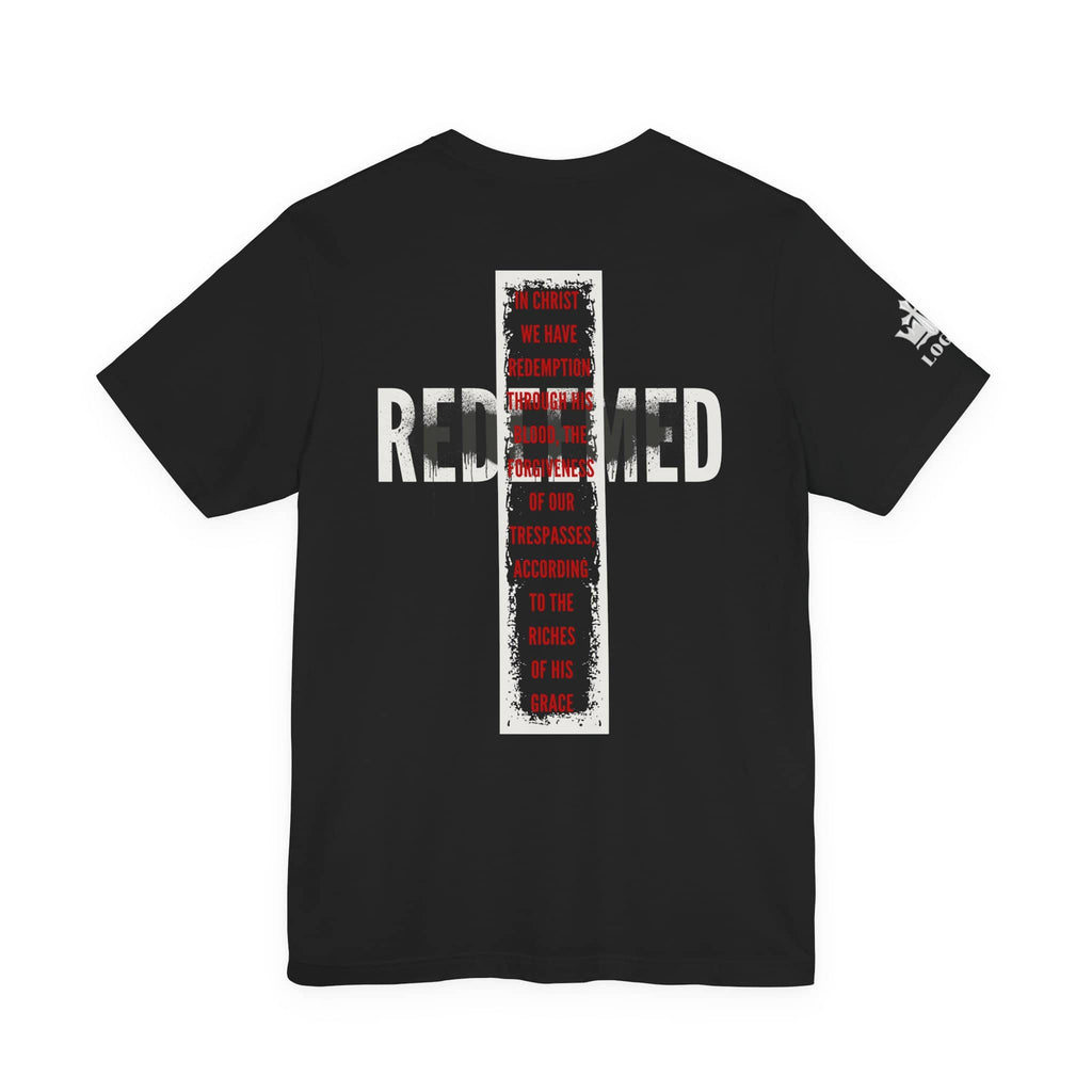 Black Redeemed t-shirt featuring a bold cross design and inspiring text on the back