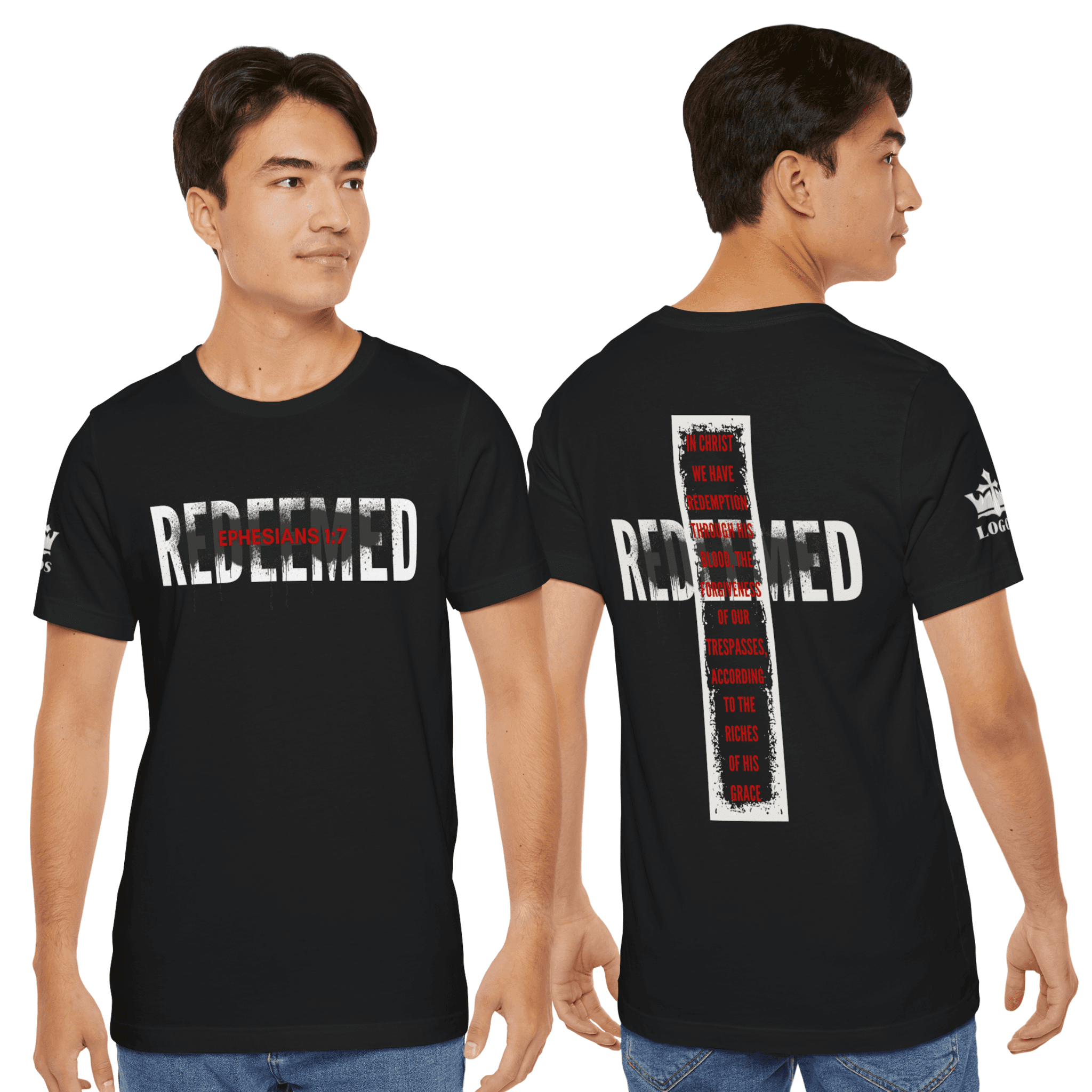 Black Redeemed t-shirt featuring text and cross design for a stylish faith-based look
