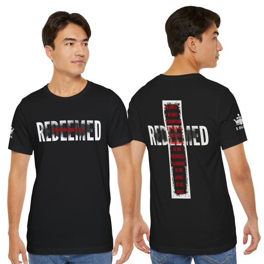 Black Redeemed t-shirt featuring text and cross design for a stylish faith-based look