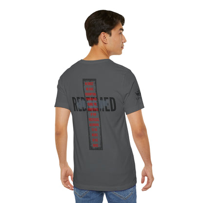 Men's gray Redeemed t-shirt featuring bold text design on the back for a stylish look