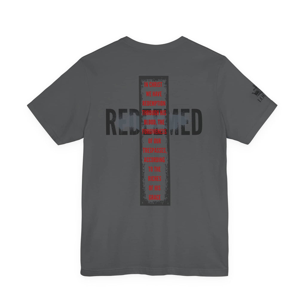 Redeemed t-shirt in gray with inspirational text and cross design on the back
