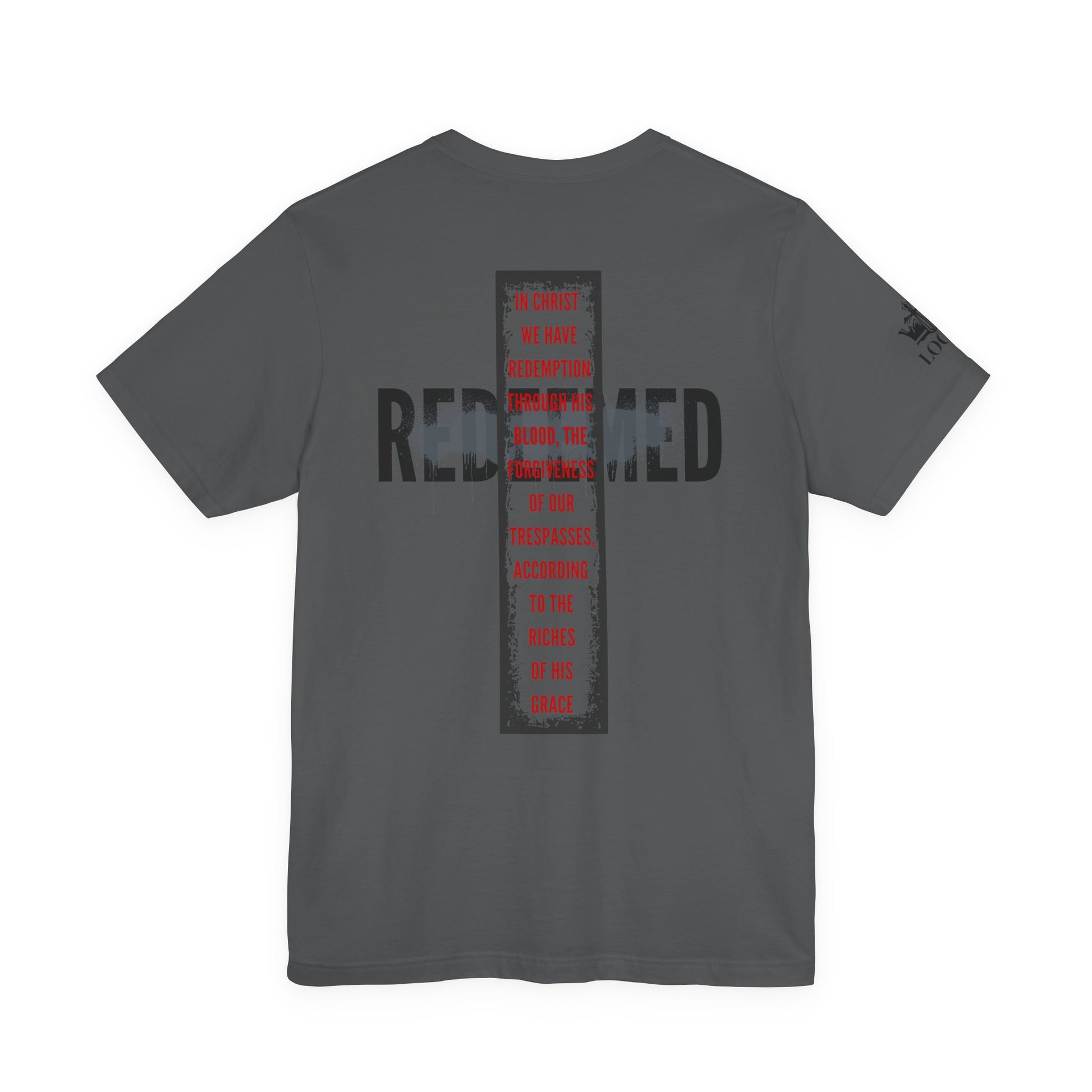 Redeemed t-shirt in gray with inspirational text and cross design on the back