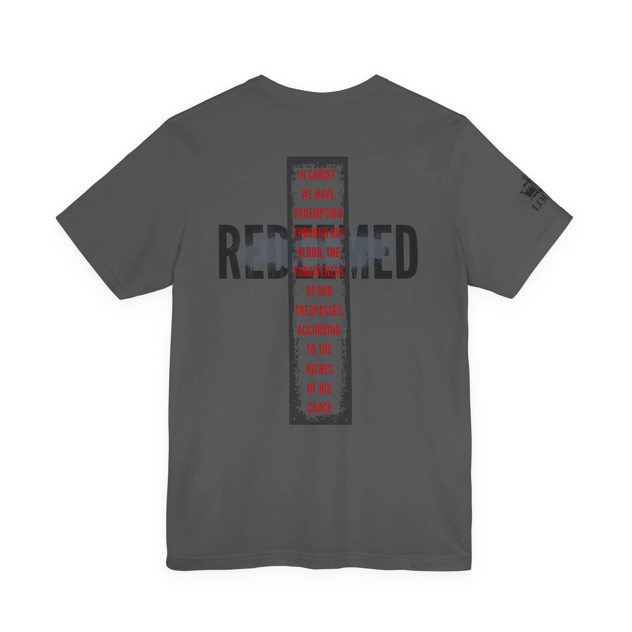 Redeemed t-shirt in gray with inspirational text and cross design on the back