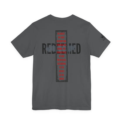 Redeemed t-shirt in gray with inspirational text and cross design on the back