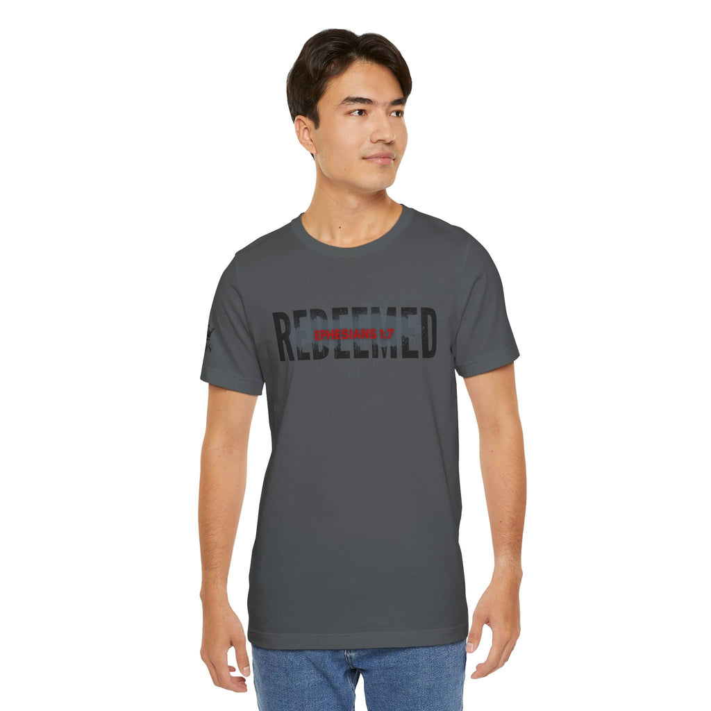 Charcoal Redeemed t-shirt featuring bold text, perfect for casual wear and expressing your beliefs