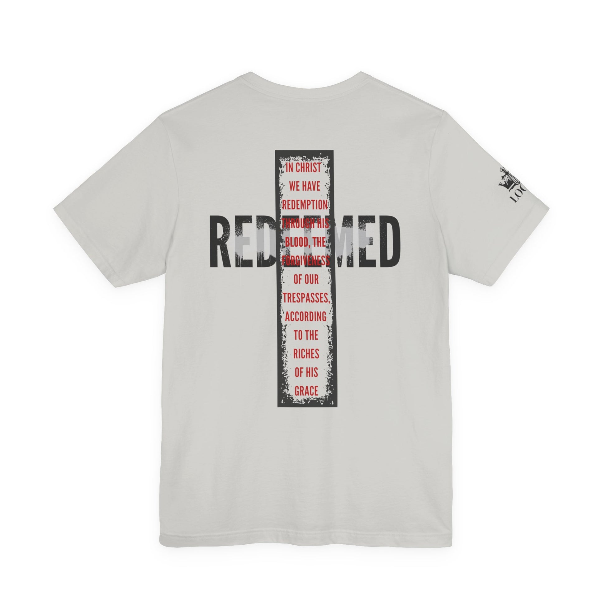 Back view of a Redeemed t-shirt featuring a cross design with biblical text and bold lettering
