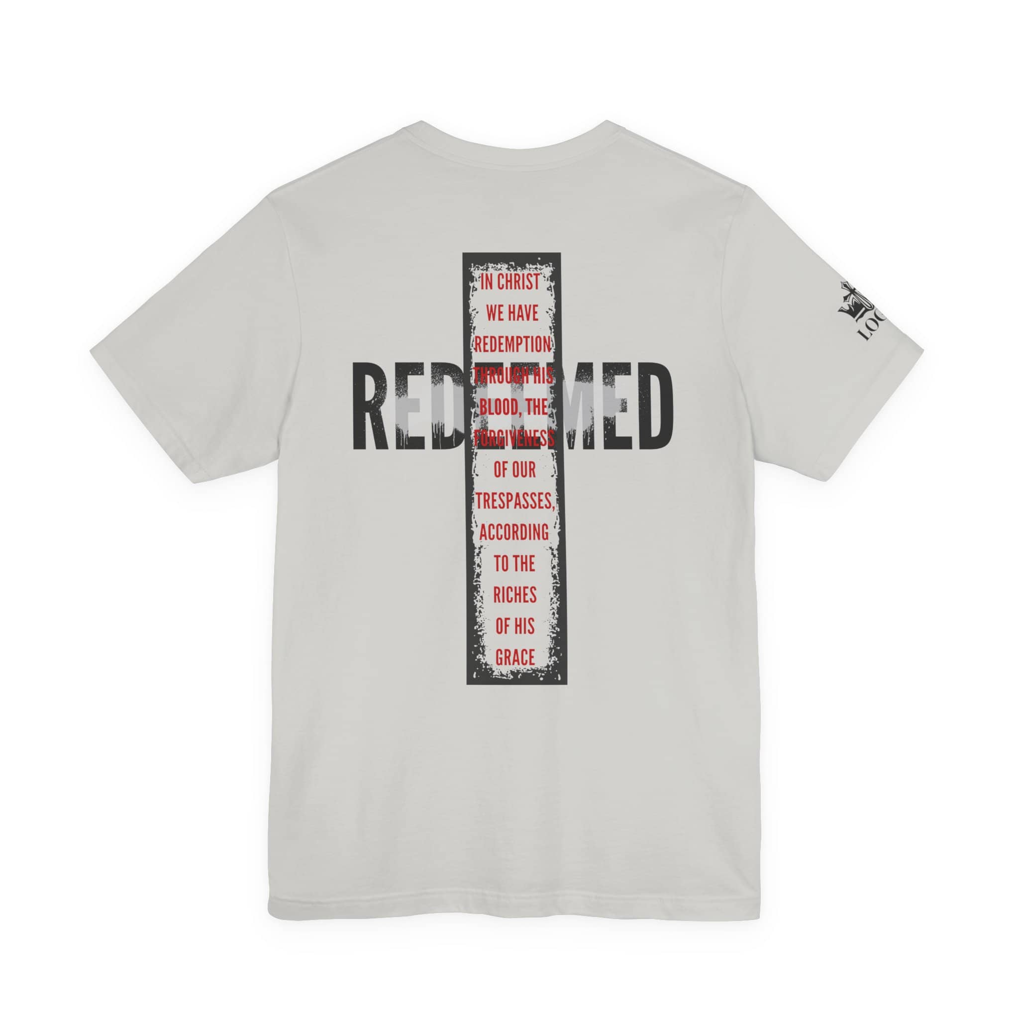 Back view of a Redeemed t-shirt featuring a cross design with biblical text and bold lettering