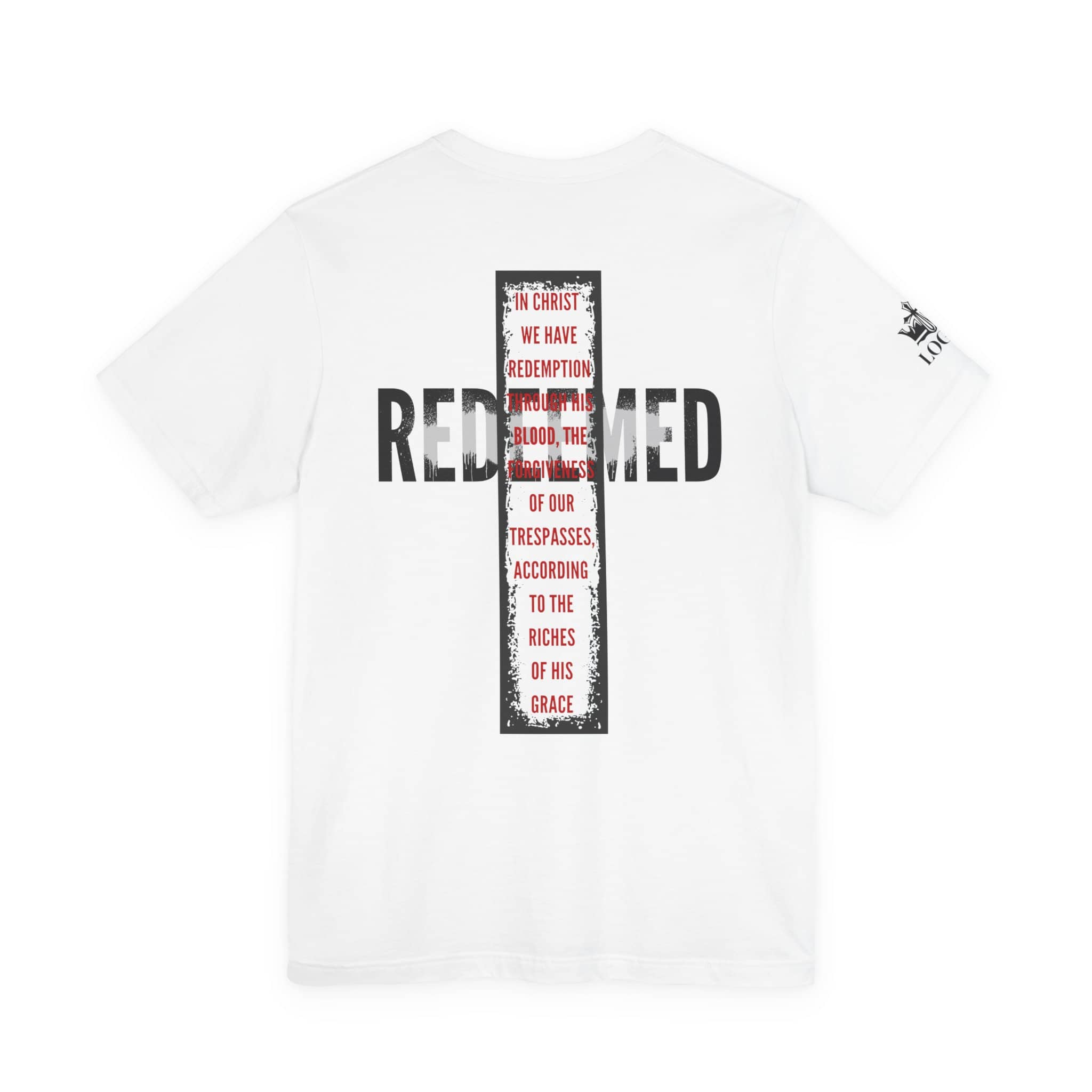 Redeemed t-shirt featuring a bold back design with red and black text on a white fabric