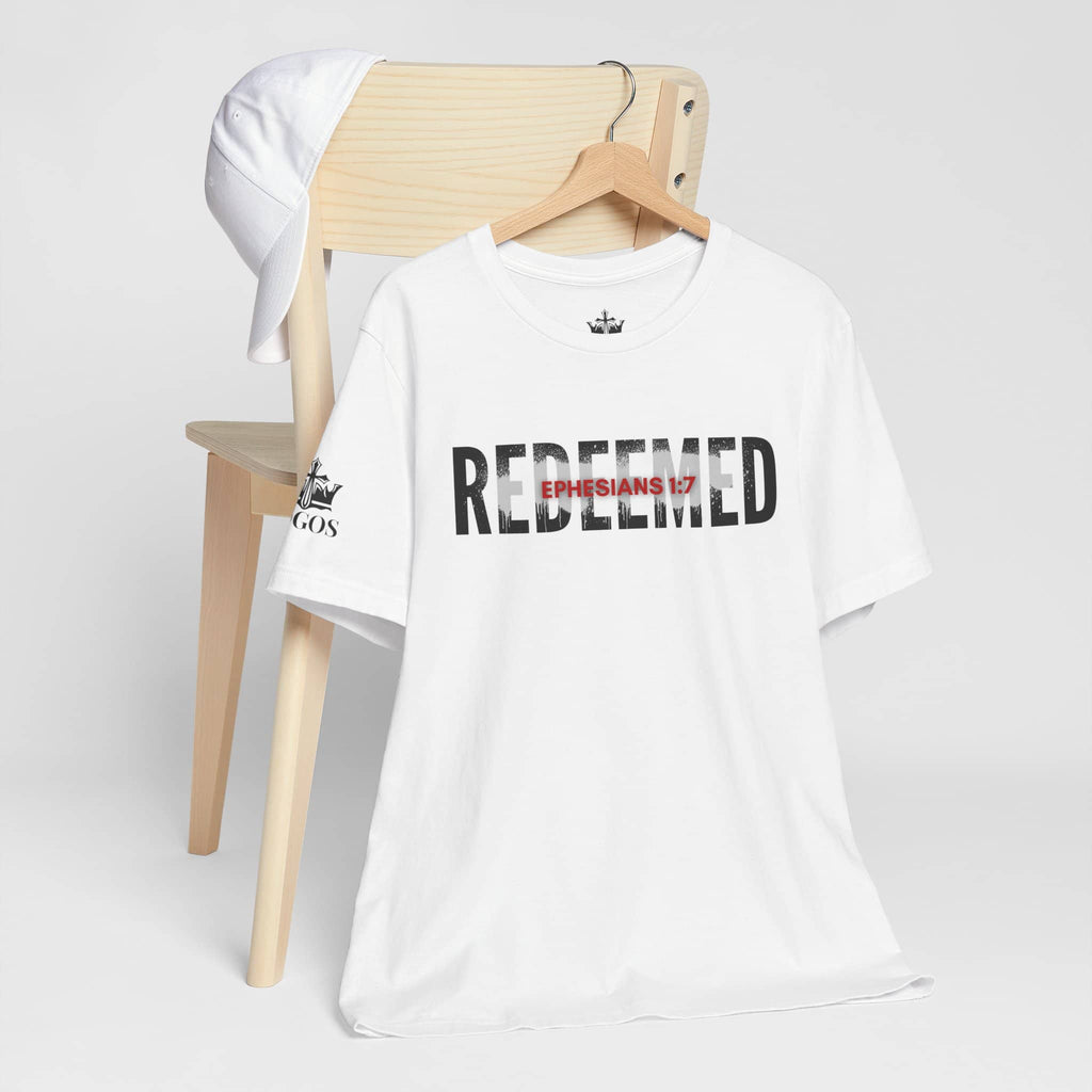 Redeemed t-shirt in white featuring Ephesians 1:7 design, perfect for casual wear and faith-based fashion