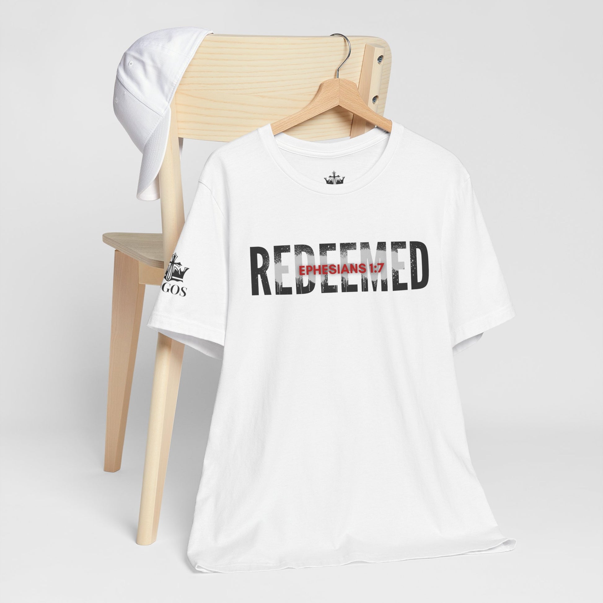 Redeemed t-shirt in white featuring Ephesians 1:7 design, perfect for casual wear and faith-based fashion