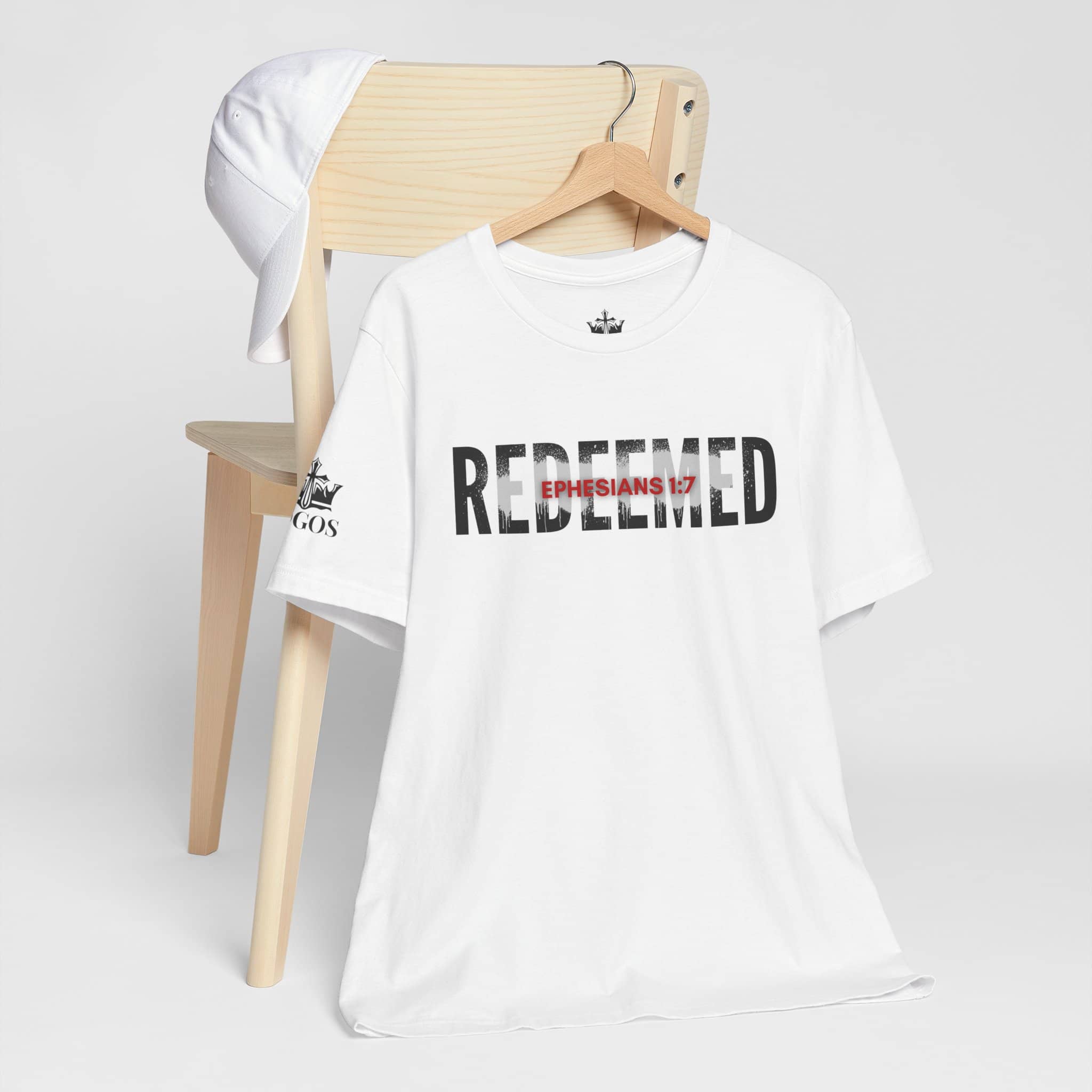 Redeemed t-shirt in white featuring Ephesians 1:7 design, perfect for casual wear and faith-based fashion
