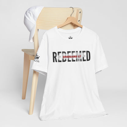 Redeemed t-shirt in white featuring Ephesians 1:7 design, perfect for casual wear and faith-based fashion