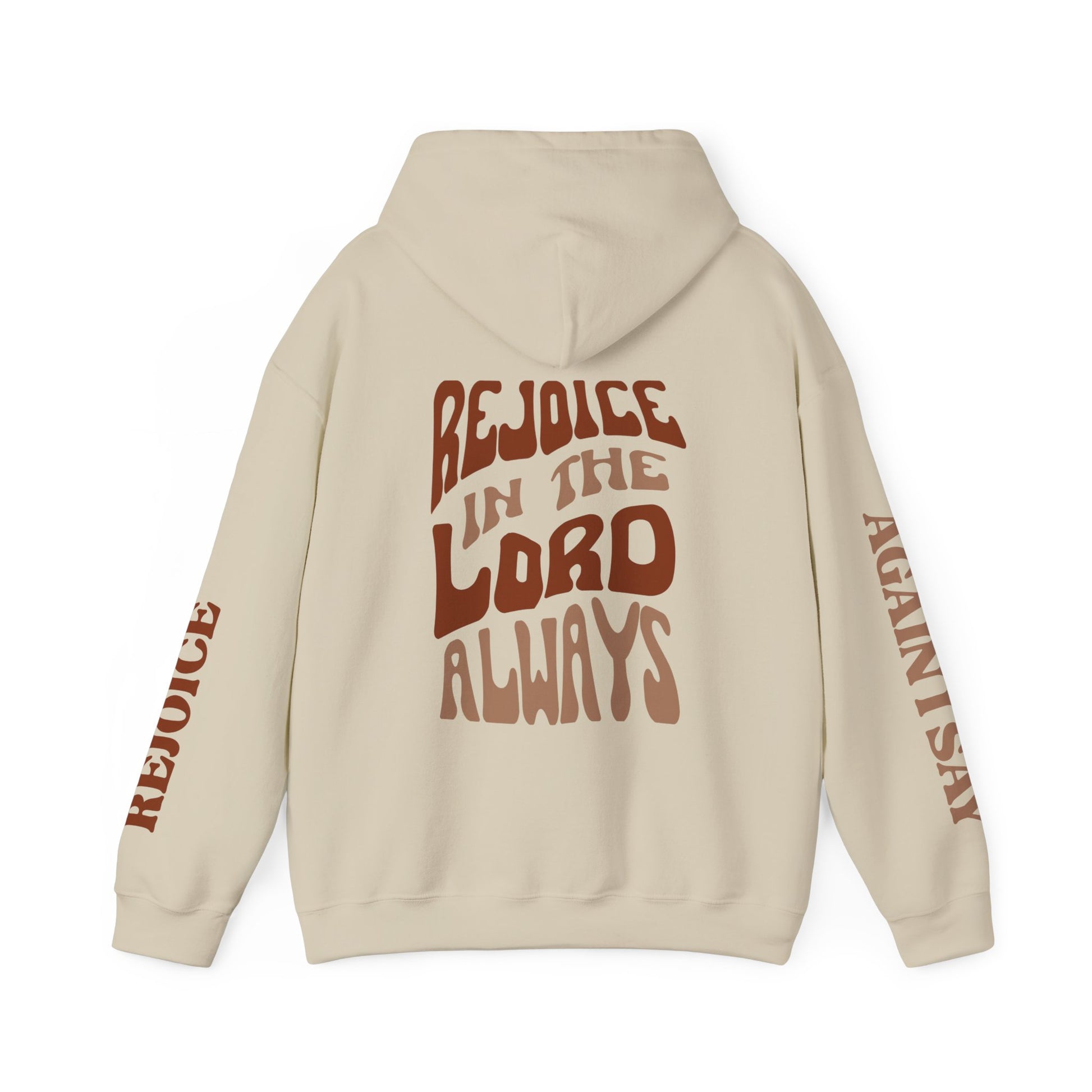 Rejoice in the Lord sweatshirt in beige with bold lettering and comfortable fit for casual wear.