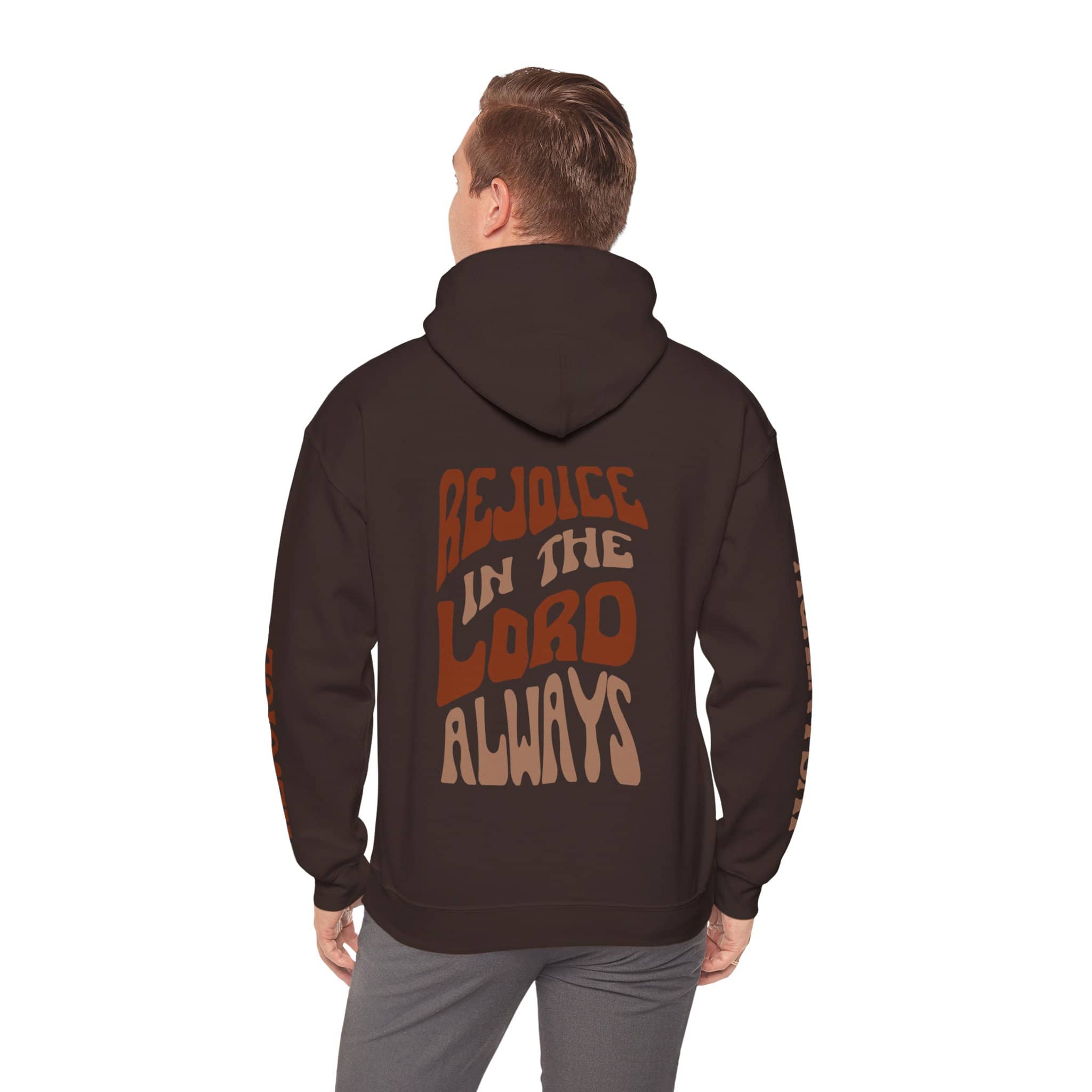Back view of a Rejoice in the Lord sweatshirt with bold, colorful text on a black hoodie