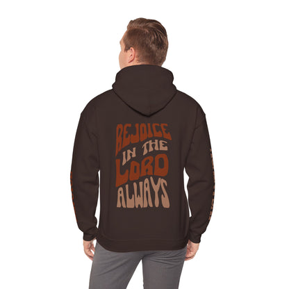 Back view of a Rejoice in the Lord sweatshirt with bold, colorful text on a black hoodie