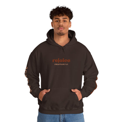 Rejoice in the Lord sweatshirt in black featuring a stylish design and front kangaroo pocket