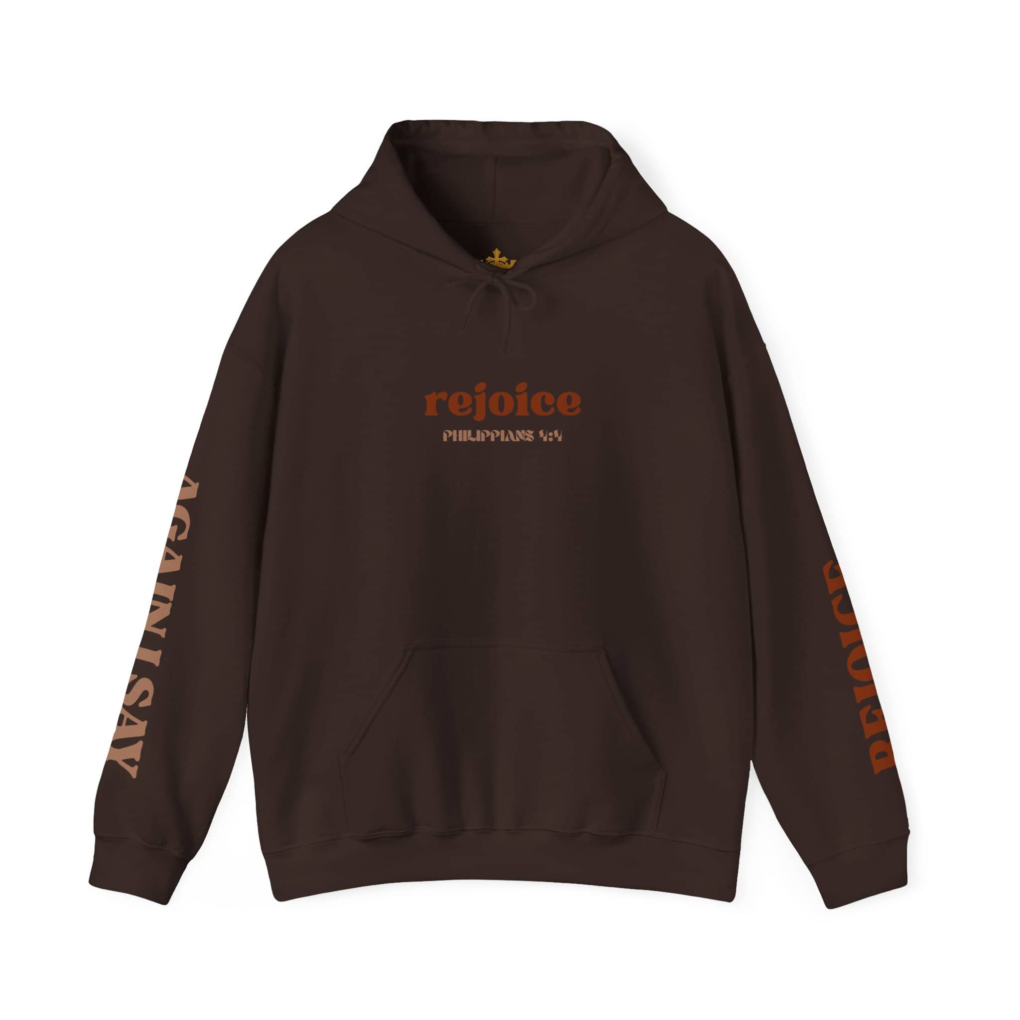 Brown Rejoice in the Lord sweatshirt with printed text and front pocket for comfort