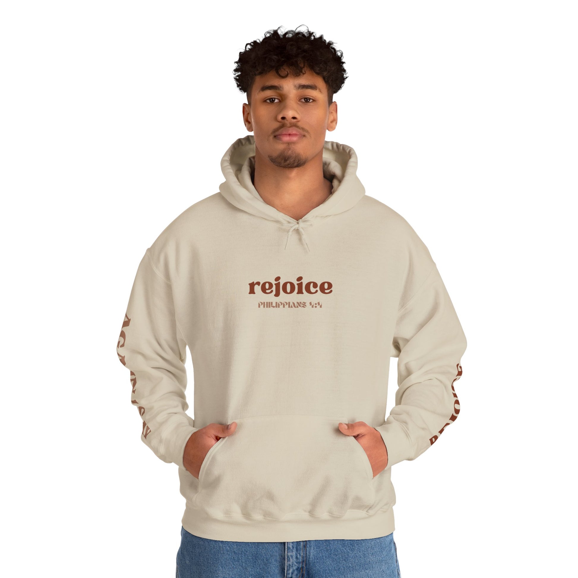 Beige Rejoice in the Lord sweatshirt with front pocket and stylish design