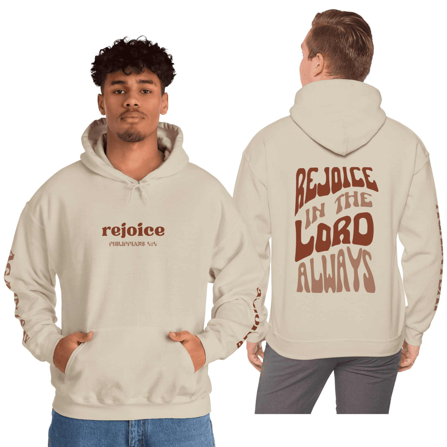 Cream Rejoice in the Lord sweatshirt with front text and large back text for comfortable wear