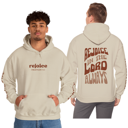 Cream Rejoice in the Lord sweatshirt with front text and large back text for comfortable wear