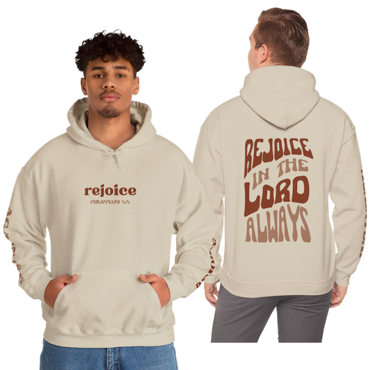 Cream Rejoice in the Lord sweatshirt with front text and large back text for comfortable wear
