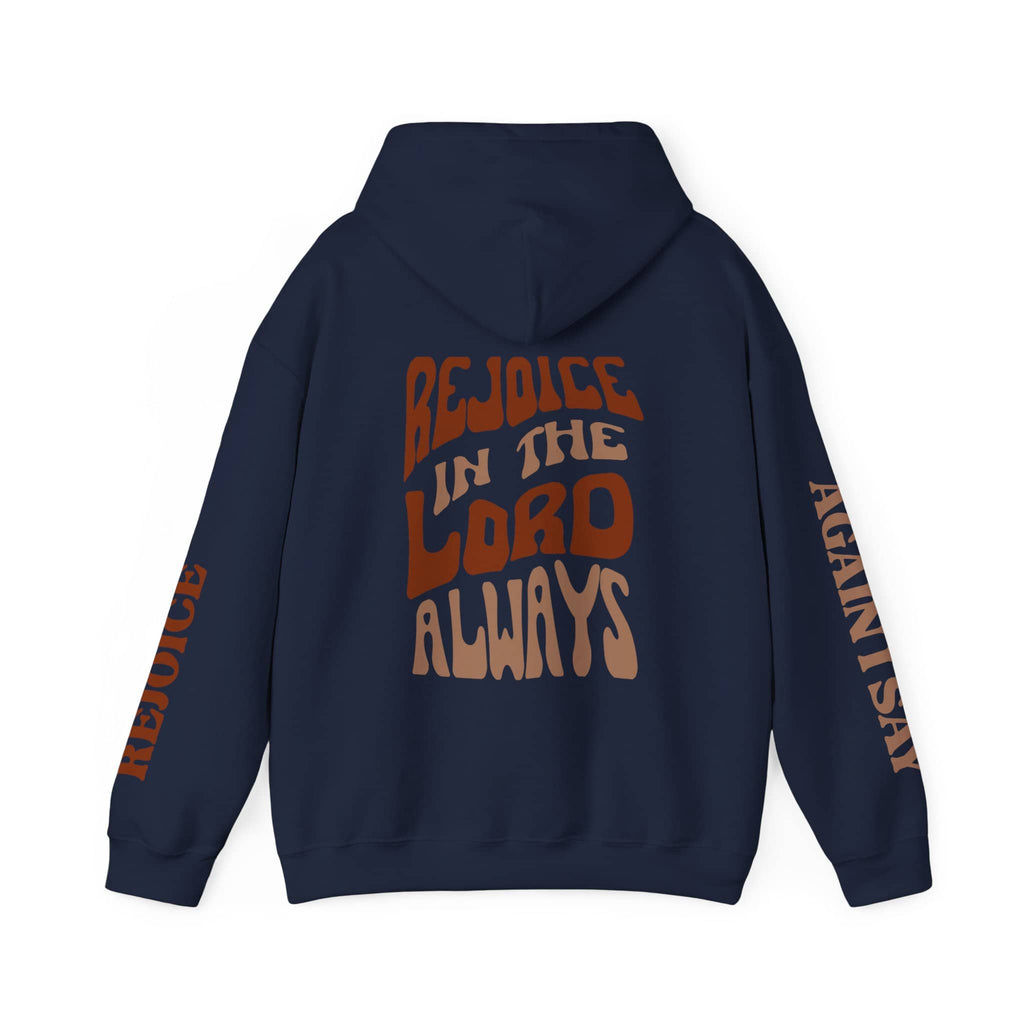 Navy Rejoice in the Lord sweatshirt with vibrant lettering on the back and sleeves for a stylish look