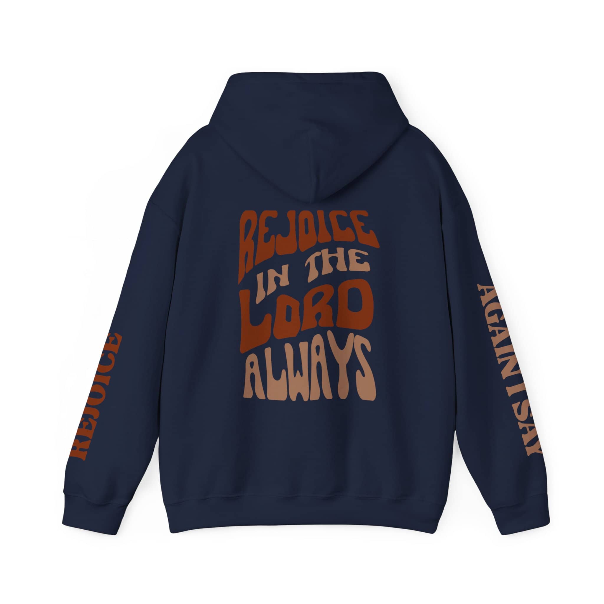 Navy Rejoice in the Lord sweatshirt with vibrant lettering on the back and sleeves for a stylish look