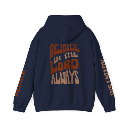 Navy Rejoice in the Lord sweatshirt with vibrant lettering on the back and sleeves for a stylish look
