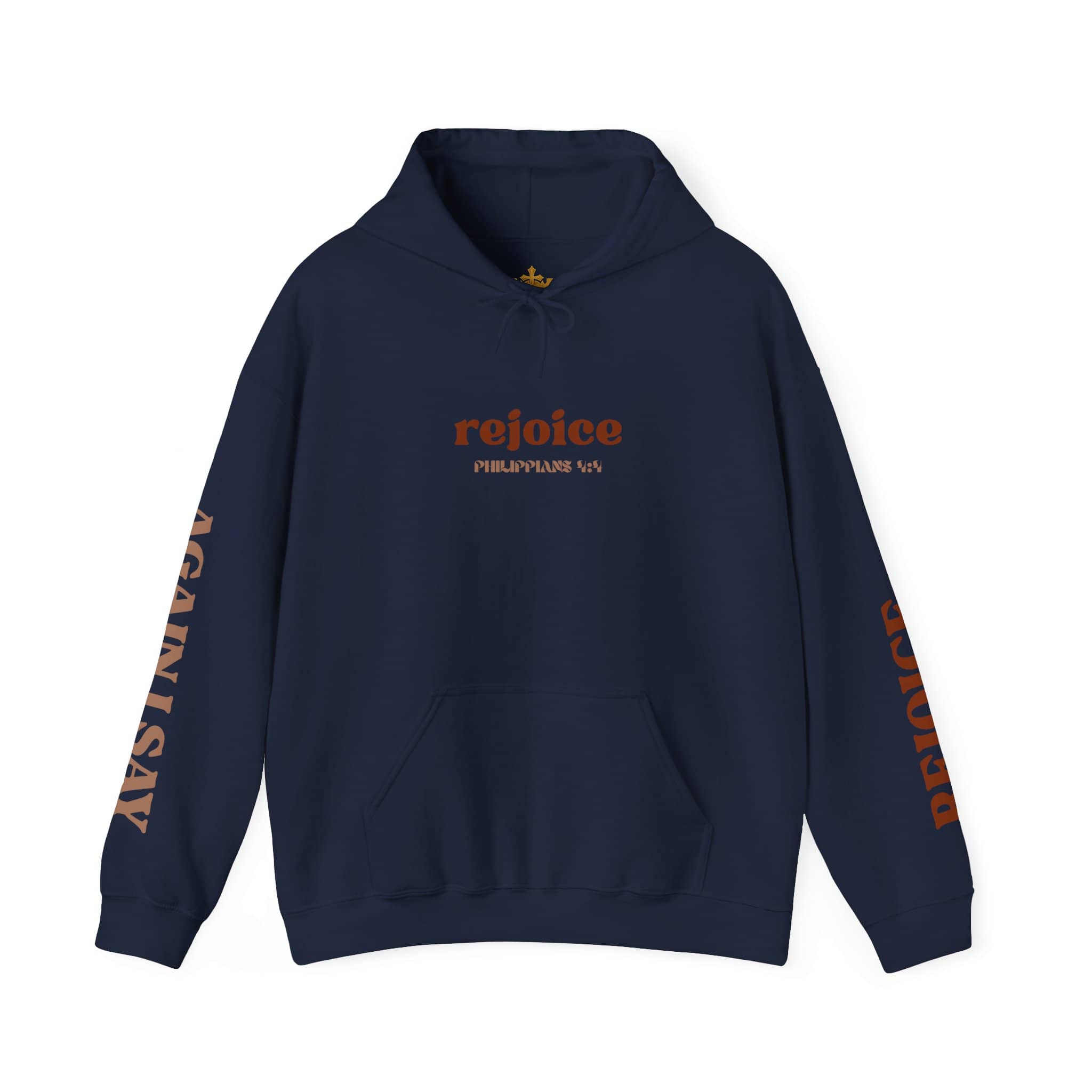 Navy Rejoice in the Lord sweatshirt with bold orange text for comfortable casual wear