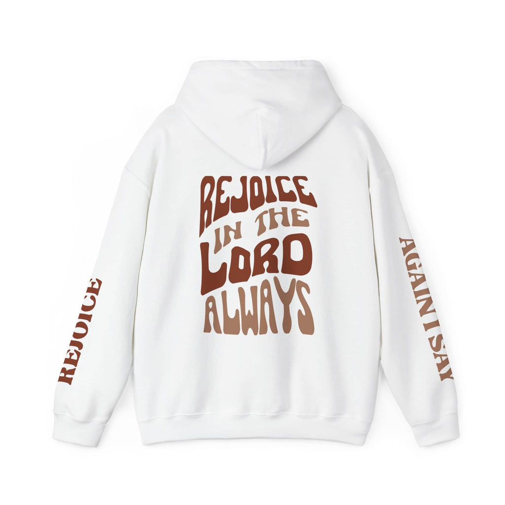 White Rejoice in the Lord sweatshirt with bold text and artistic design on the back