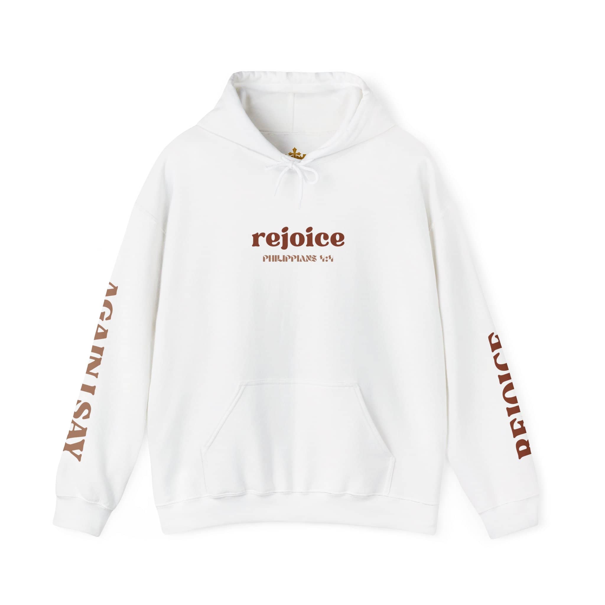 White hoodie featuring 'Rejoice in the Lord sweatshirt' design with Philippians 4:4 text on sleeves