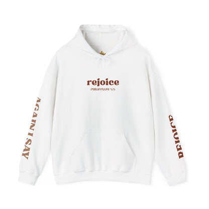 White hoodie featuring 'Rejoice in the Lord sweatshirt' design with Philippians 4:4 text on sleeves