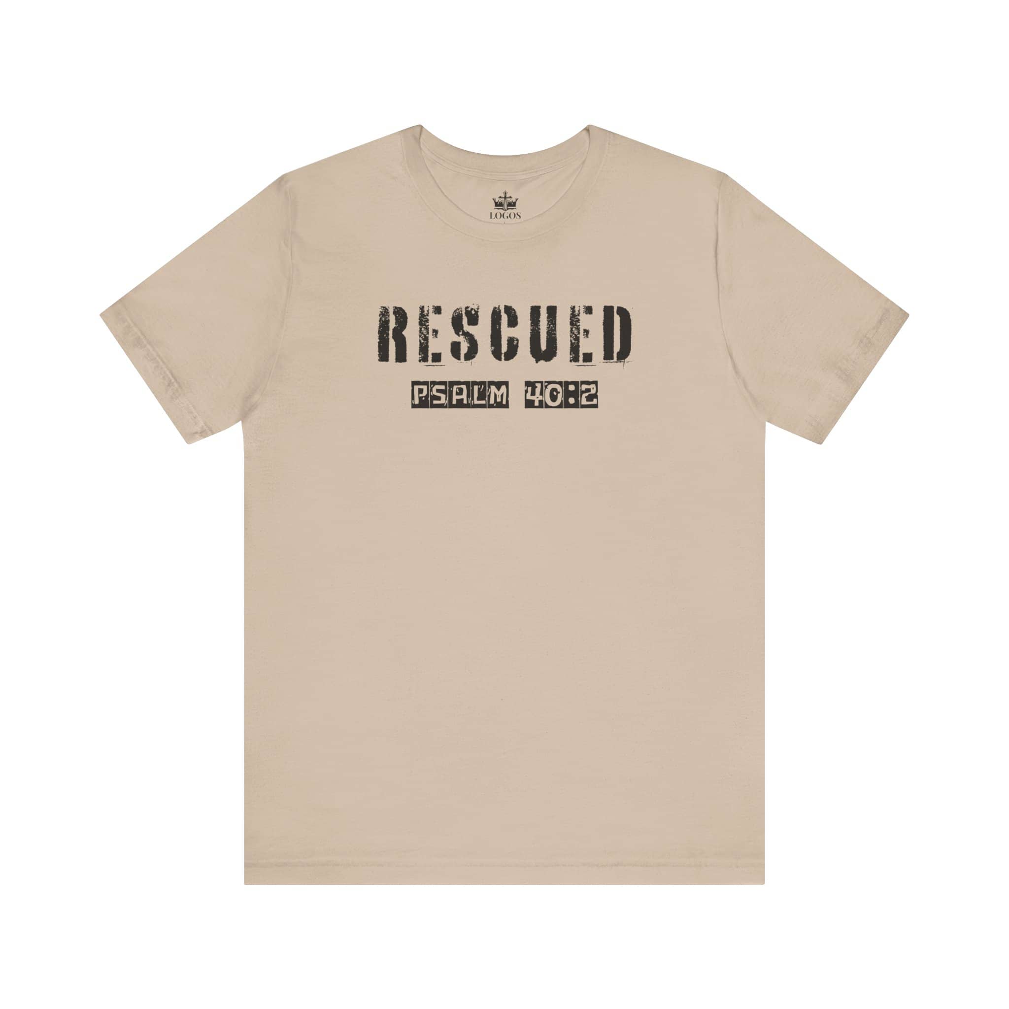 Beige Logos Christian graphic t shirt with distressed RESCUED Psalm 40:2 text design