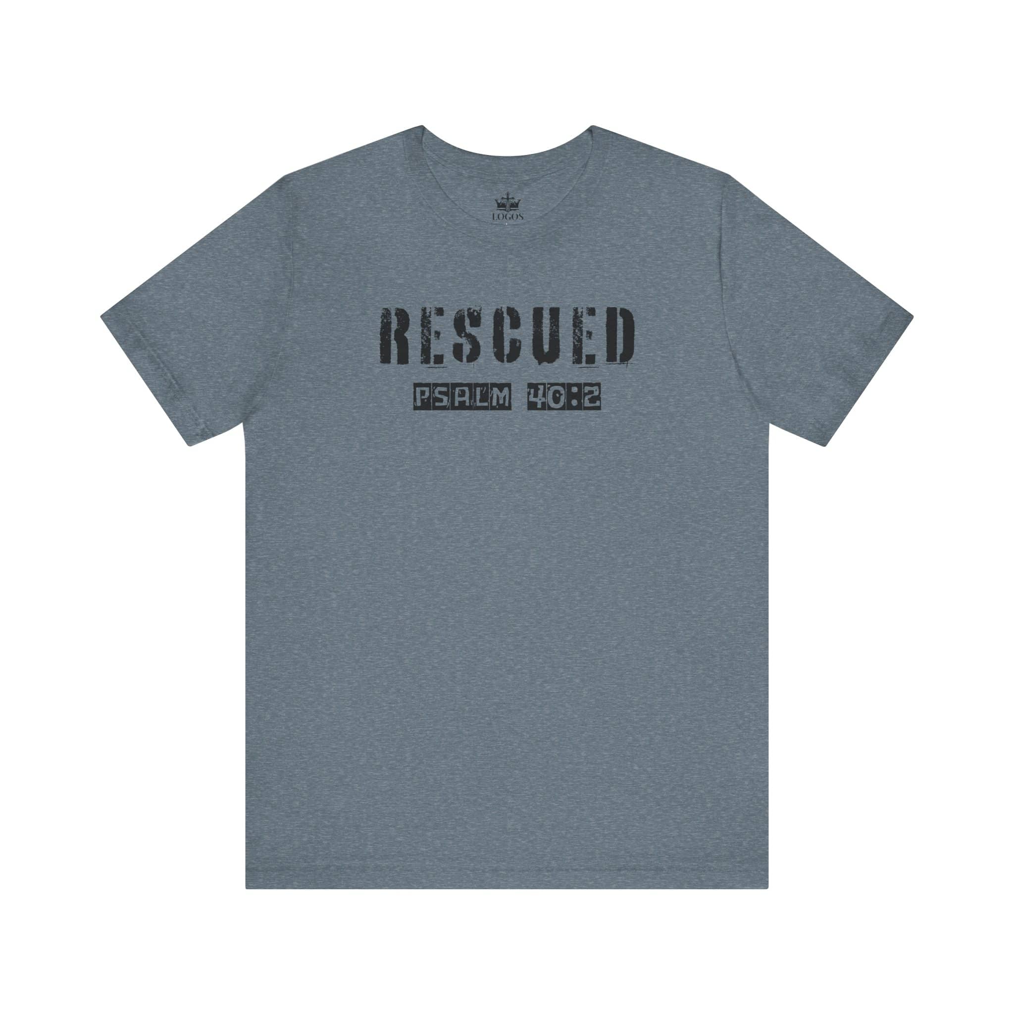 Logos gray Christian graphic t shirt with RESCUED Psalm 40:2 text printed on front