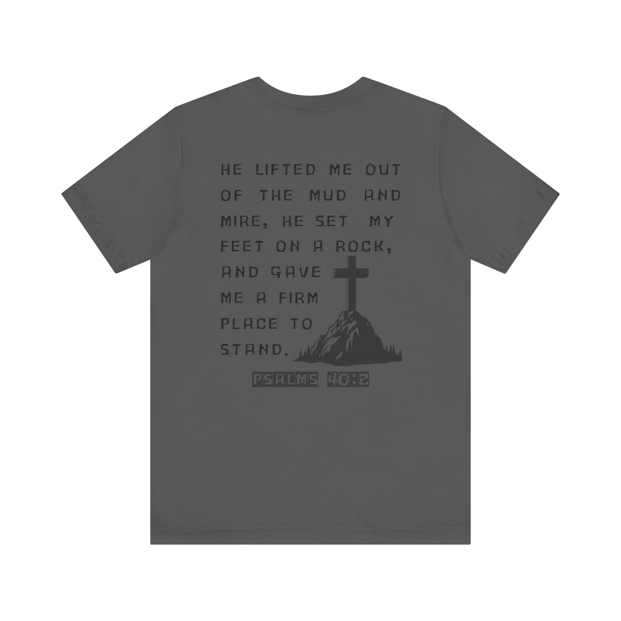 Christian graphic t shirt with Psalms 40:2 scripture and cross design on dark gray background