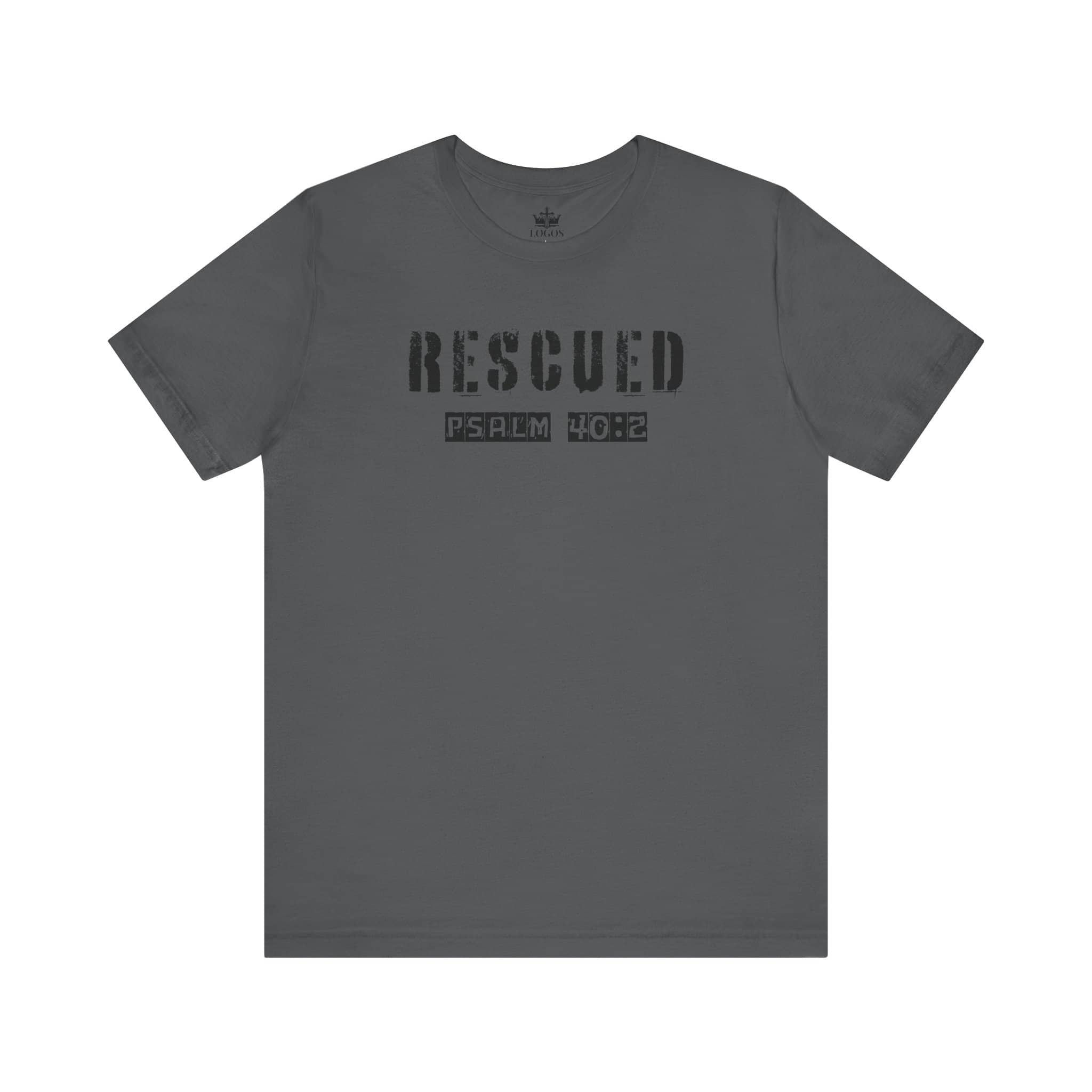 Gray Logos t shirt with Rescued Psalm 40:2 Christian graphic t shirt design
