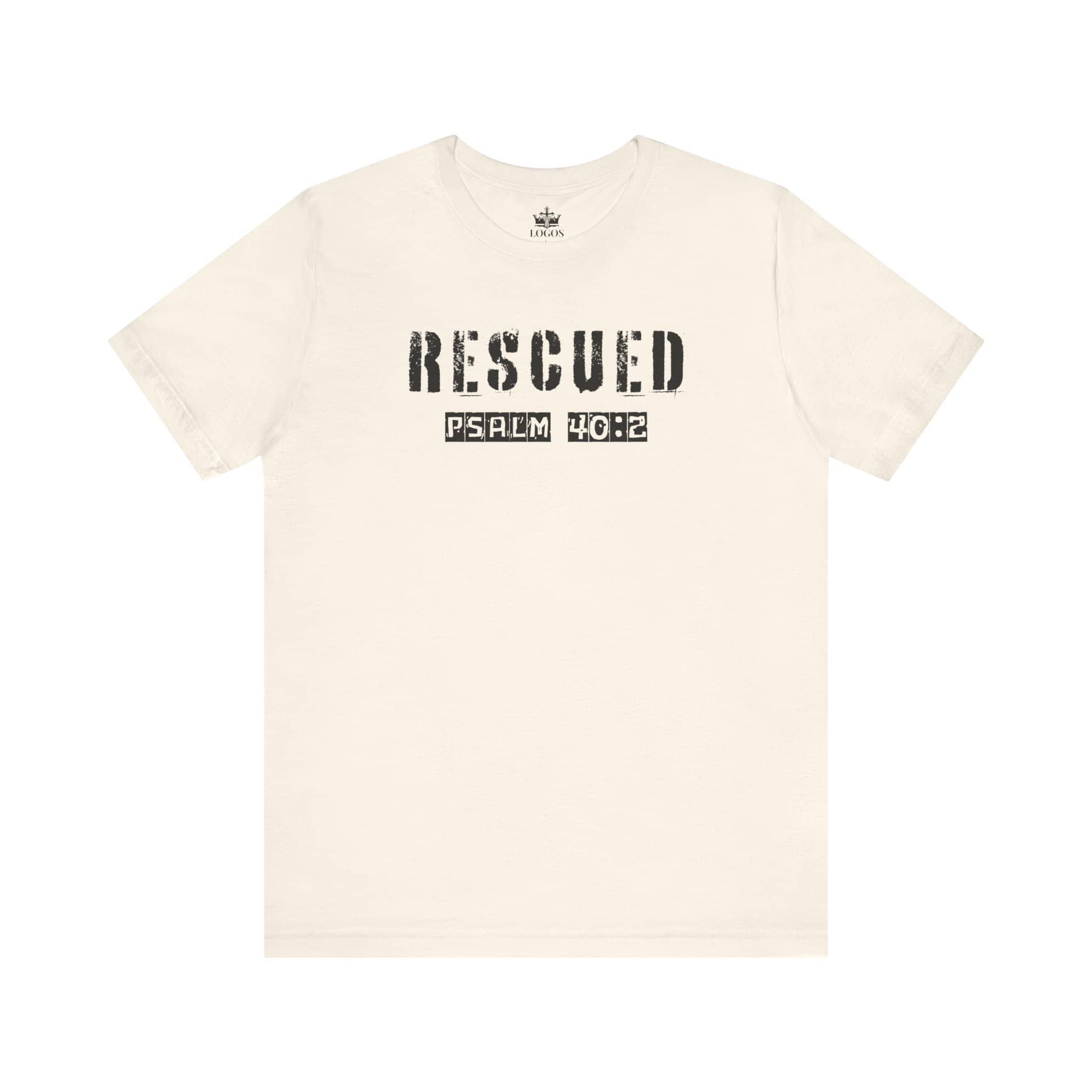 Logos Christian graphic t shirt in white with rescued Psalm 40:2 text design
