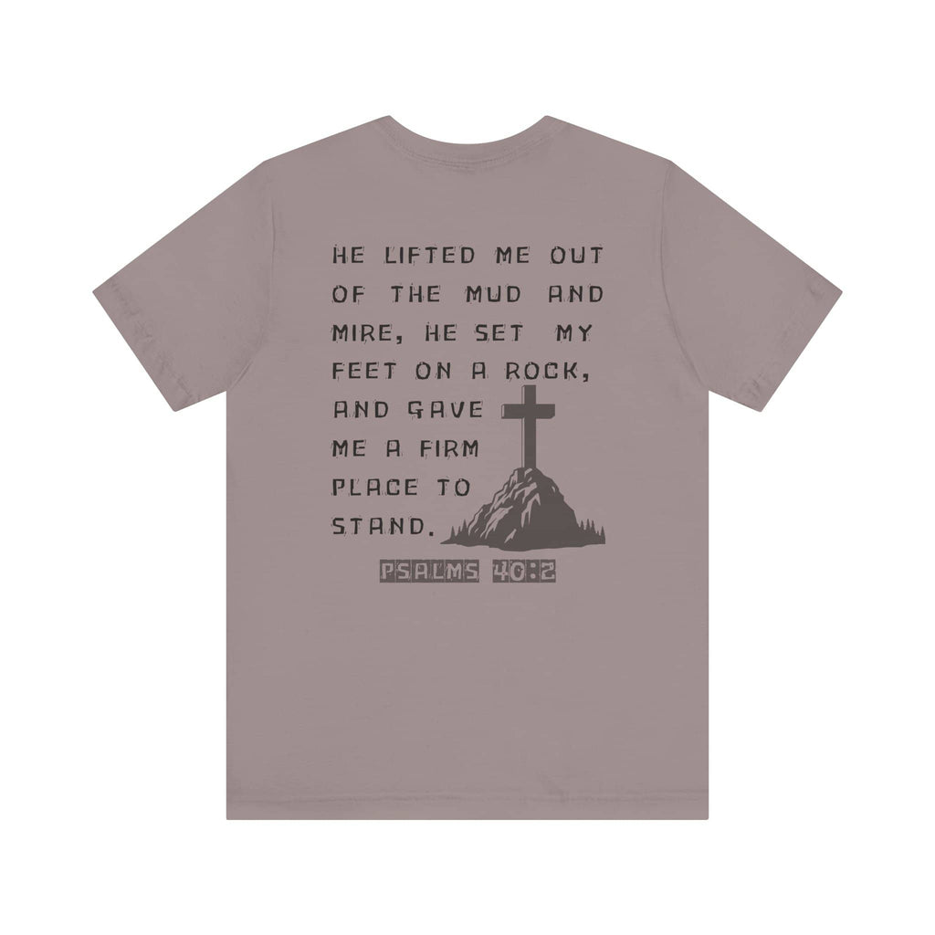 Logos Co. Christian graphic t shirt with Psalm 40 2 scripture and cross design on back